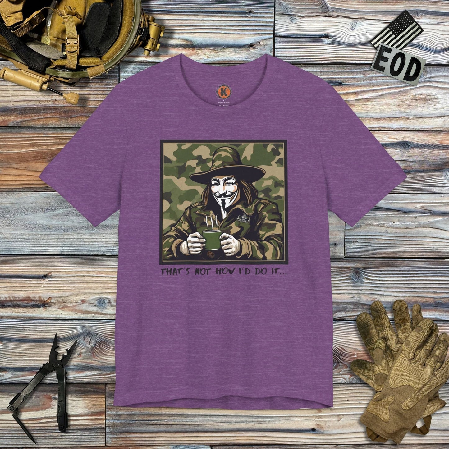 K-Factor Supply Co What the Fawkes Says (Camo) T-Shirt Heather Team Purple / S