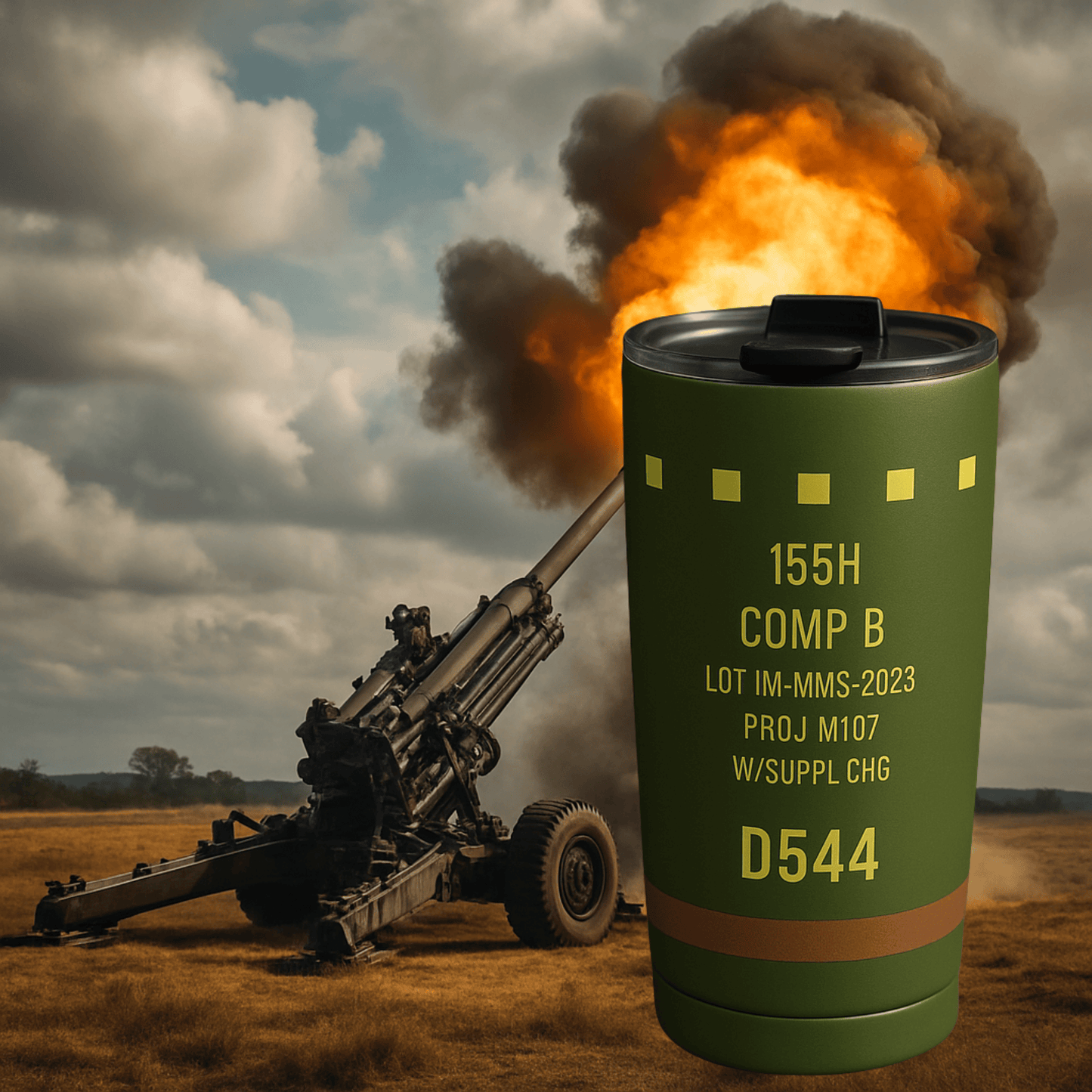 K-Factor Supply Co 20oz 155mm Artillery Tumbler (High Explosive) – Military Inspired Insulated Drinkware