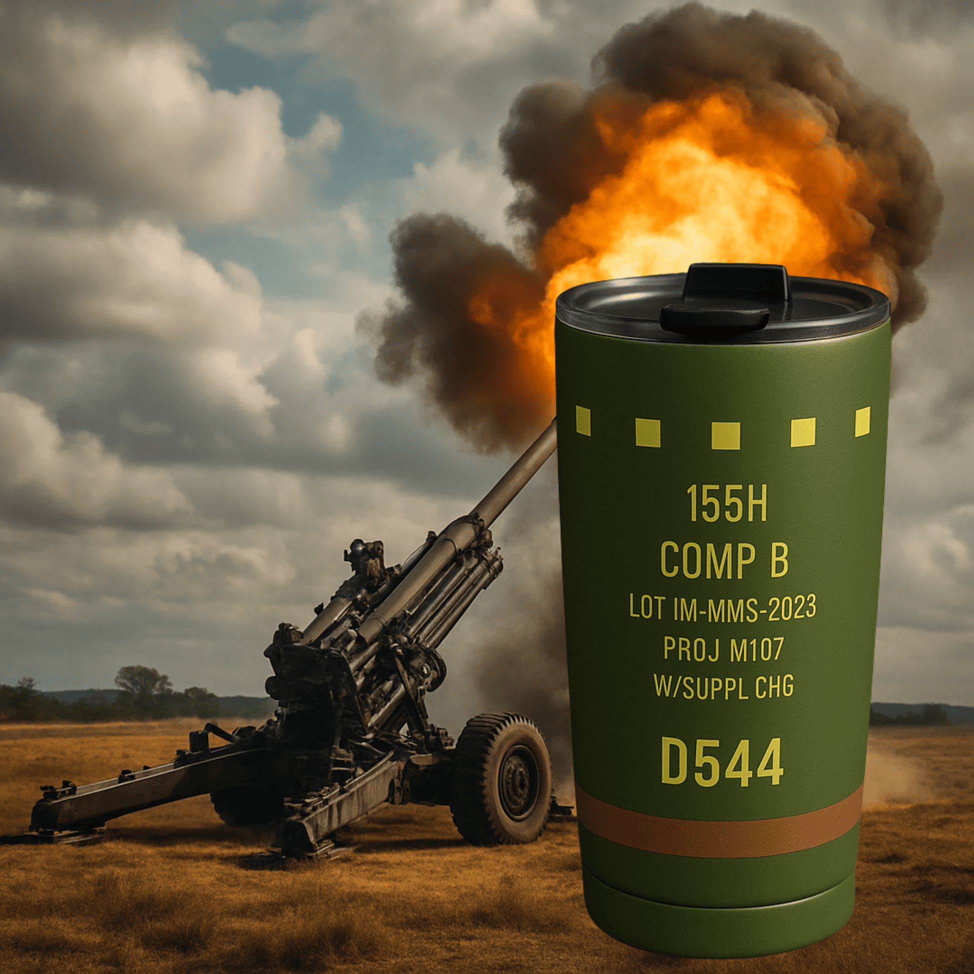K-Factor Supply Co 20oz 155mm Artillery Tumbler (High Explosive) – Military Inspired Insulated Drinkware