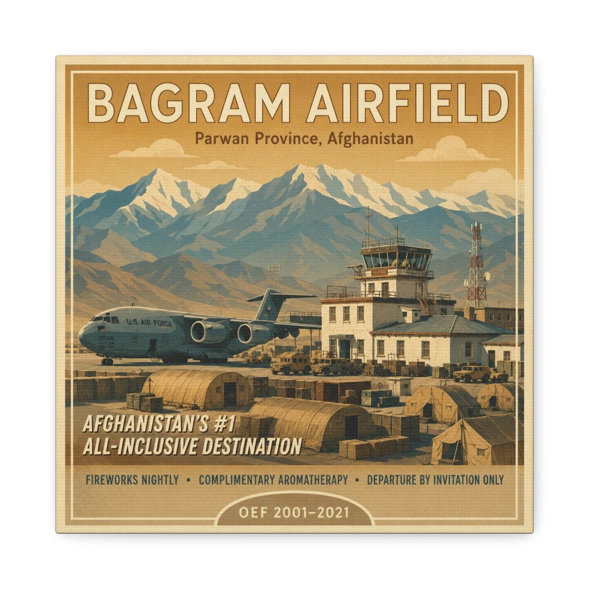 K-Factor Supply Co Bagram Travel Canvas Wall Art 12″ x 12″