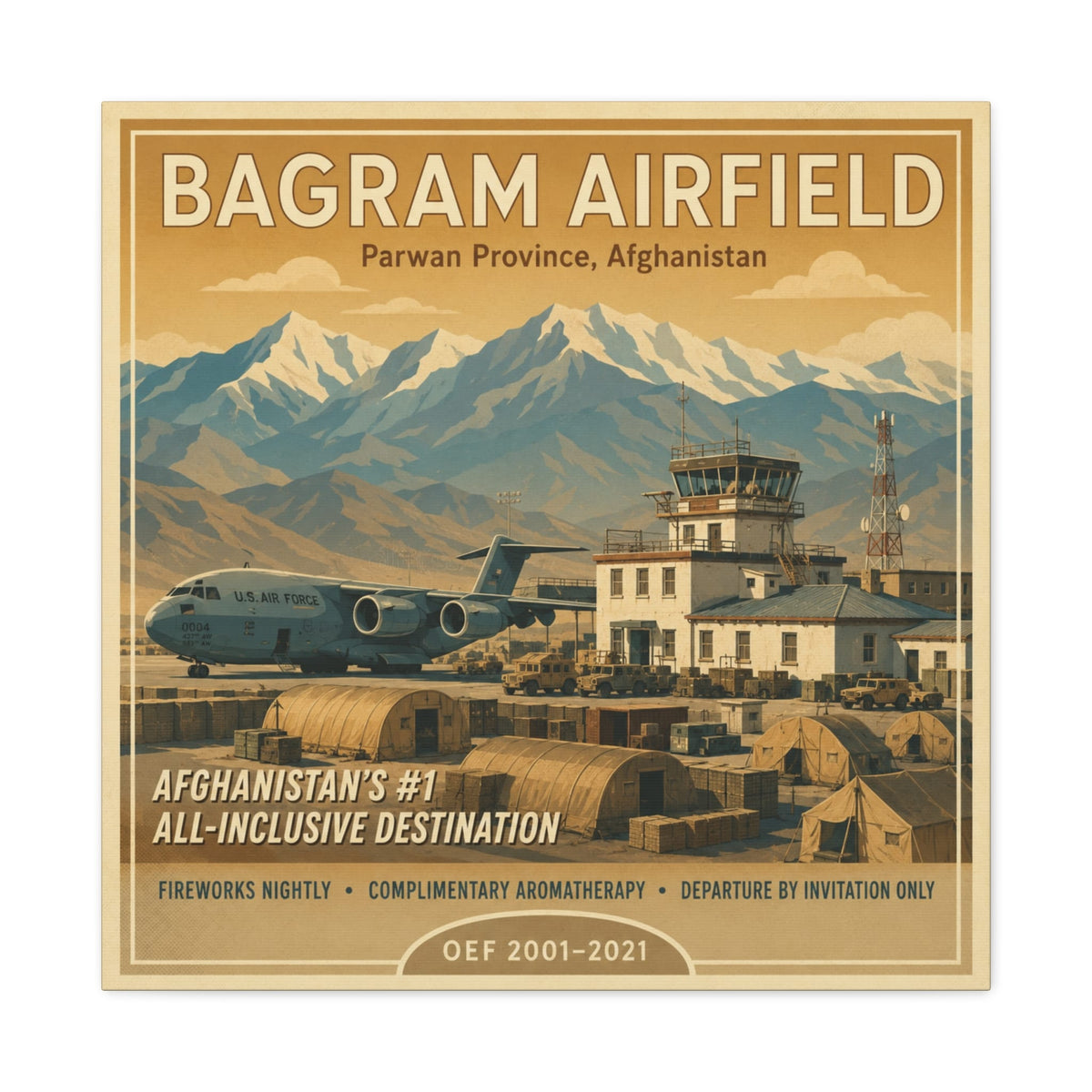 K-Factor Supply Co Bagram Travel Canvas Wall Art 24″ x 24″