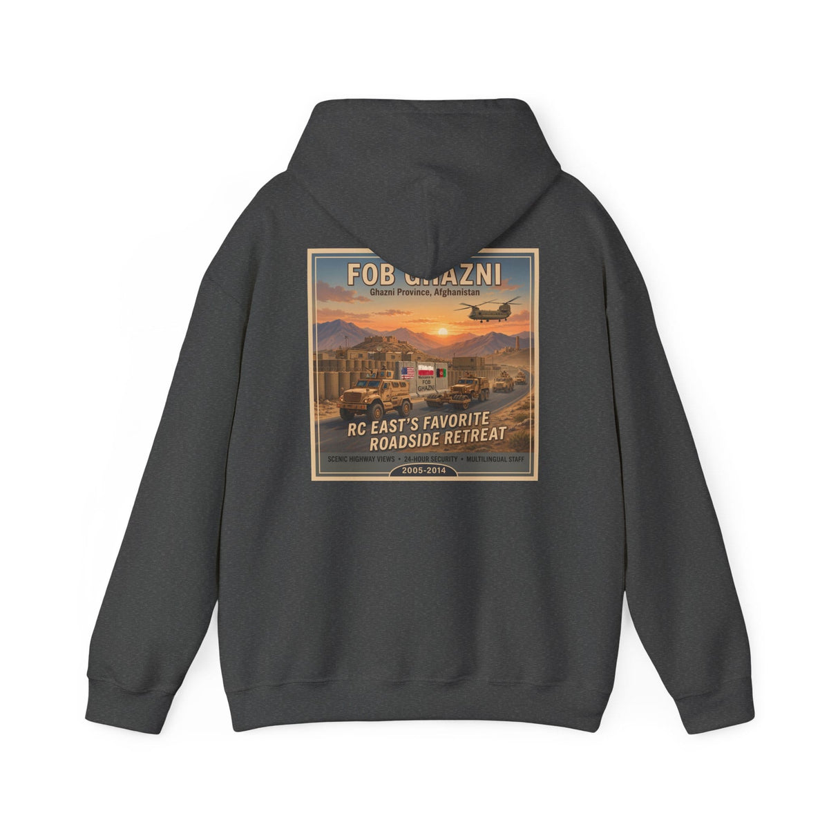 K-Factor Supply Co FOB Ghazni Travel (Back Print) Hoodie Dark Heather / S