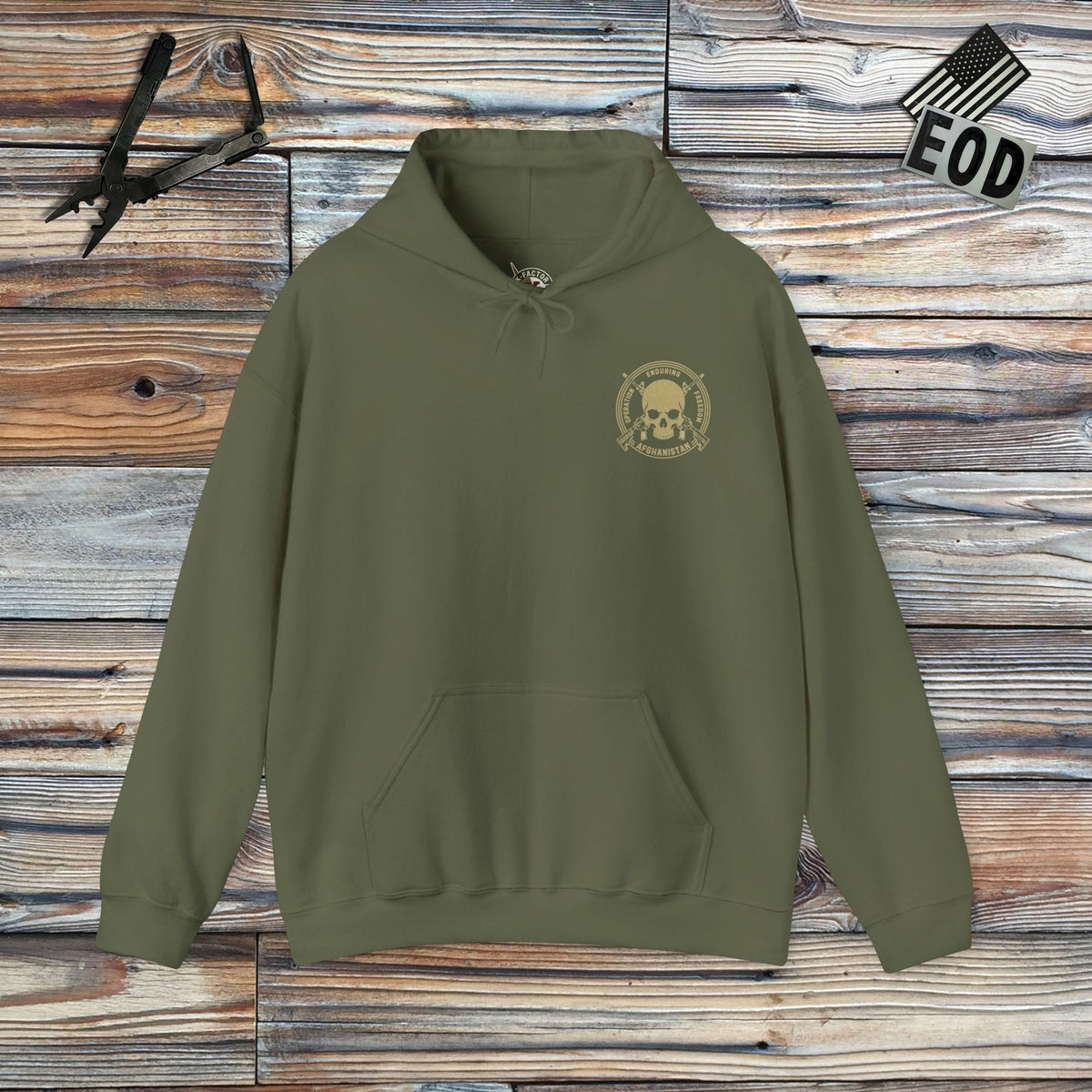K-Factor Supply Co Skull & Carbines - OEF (Back Print) Hoodie Military Green / S