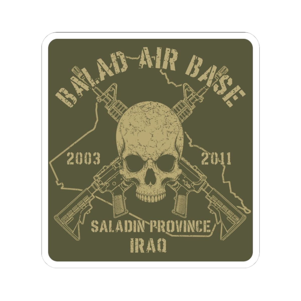 K-Factor Supply Co Balad-Air Base - Skull & Carbines Sticker 3" × 3"