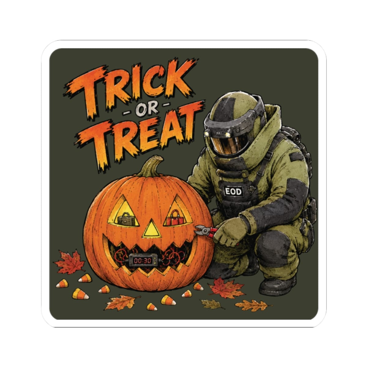 K-Factor Supply Co EOD Trick-or-Treat Sticker 2" × 2"