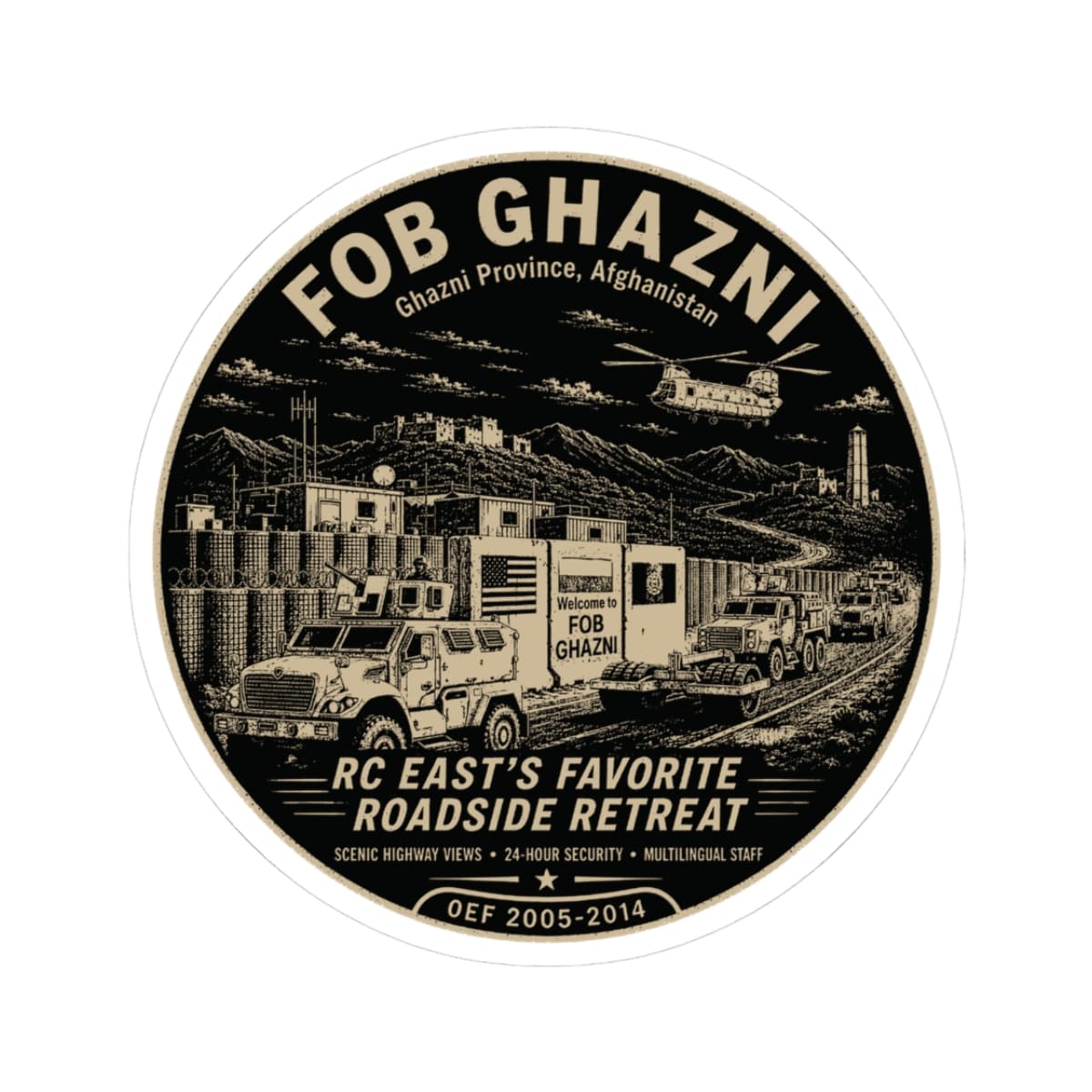 K-Factor Supply Co FOB Ghazni Roadside Retreat Sticker 3" × 3"