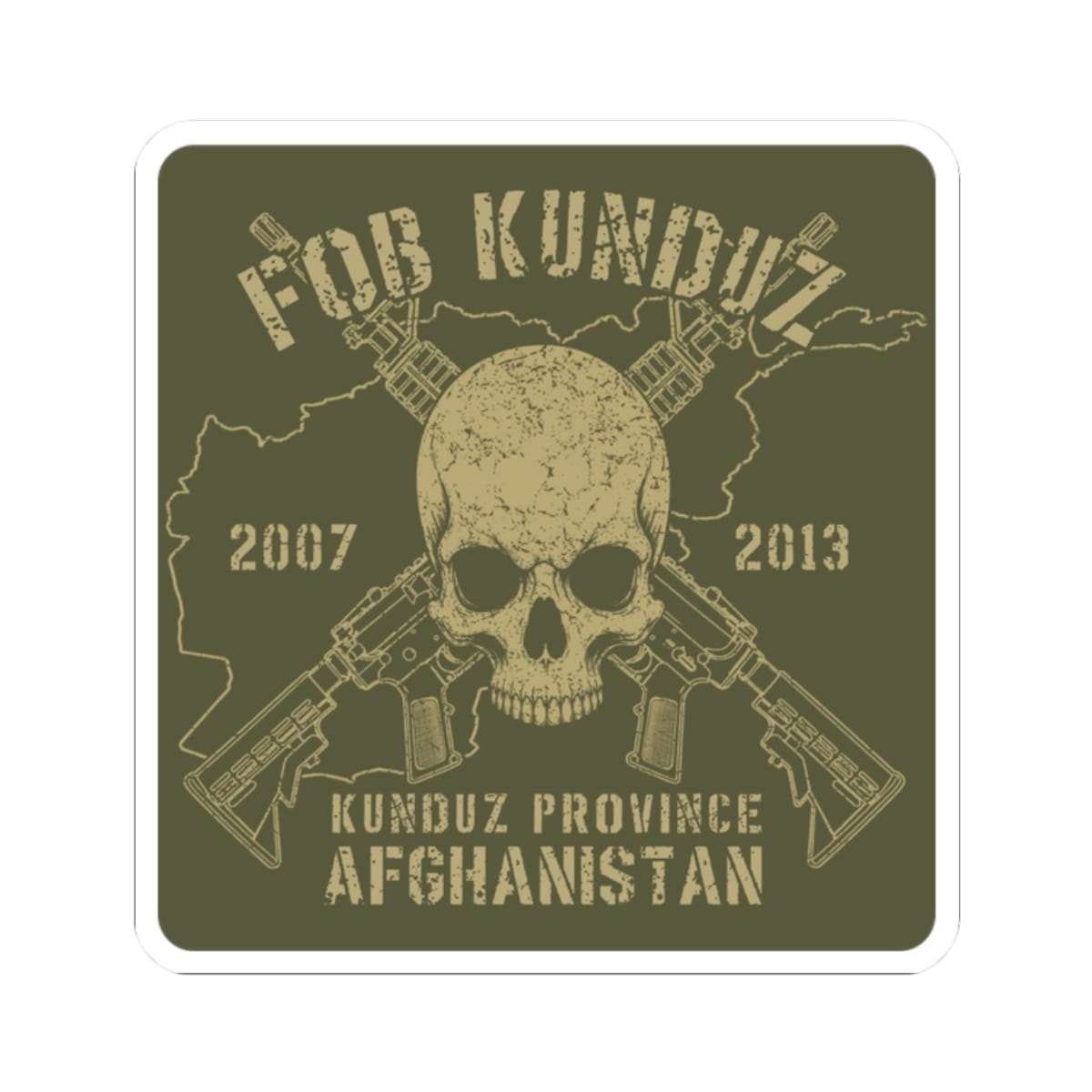 K-Factor Supply Co FOB Kunduz - Skull & Carbines Sticker 2" × 2" / White