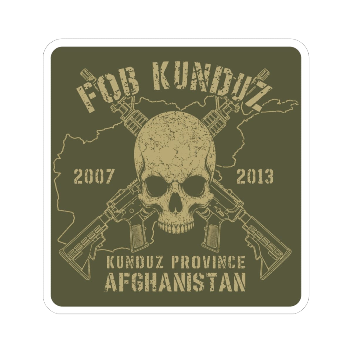 K-Factor Supply Co FOB Kunduz - Skull & Carbines Sticker 4" × 4" / White
