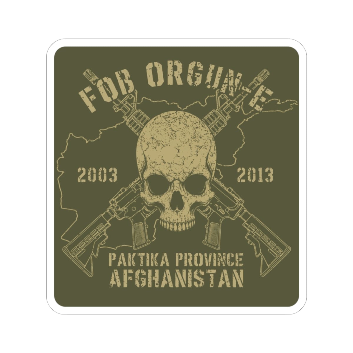 K-Factor Supply Co FOB Orgun-E - Skull & Carbines Sticker 4" × 4"