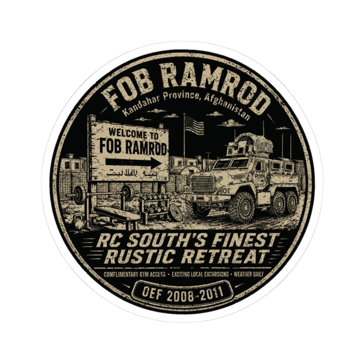 K-Factor Supply Co FOB Ramrod Rustic Retreat Sticker 3" × 3"