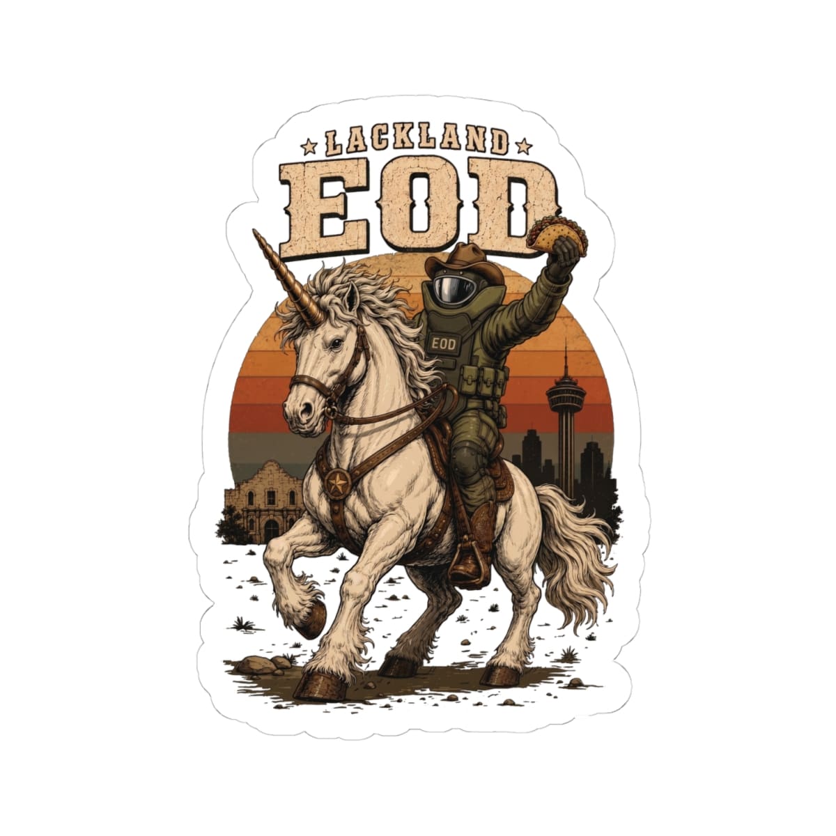 K-Factor Supply Co Lackland EOD "Lonestar Unicorn" Sticker 4" × 4"