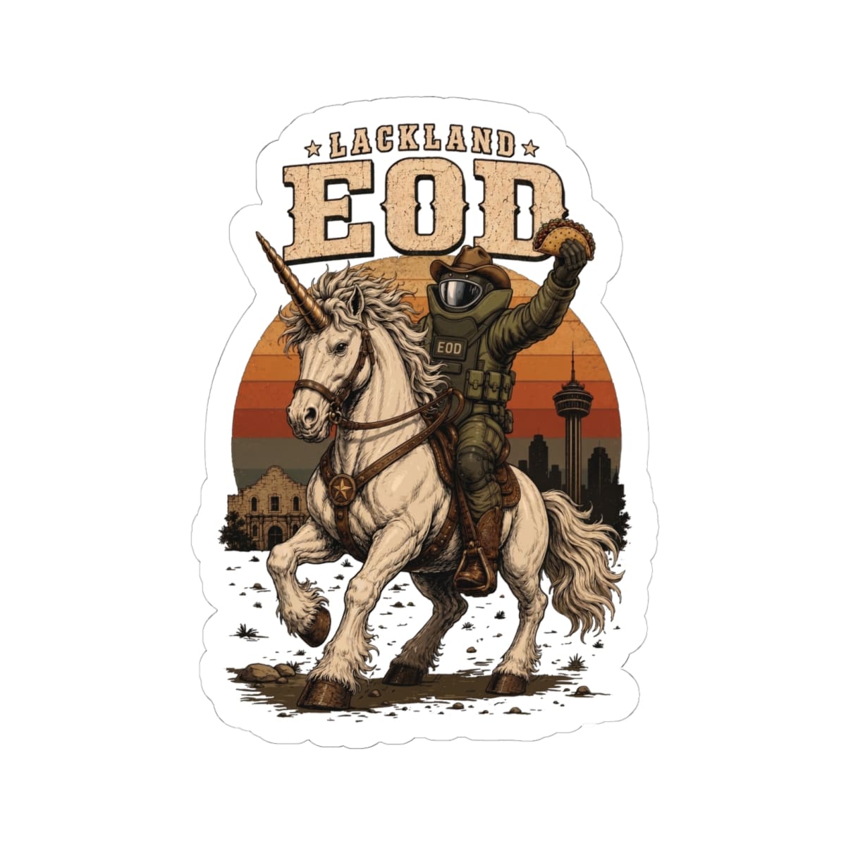 K-Factor Supply Co Lackland EOD "Lonestar Unicorn" Sticker 6" × 6"