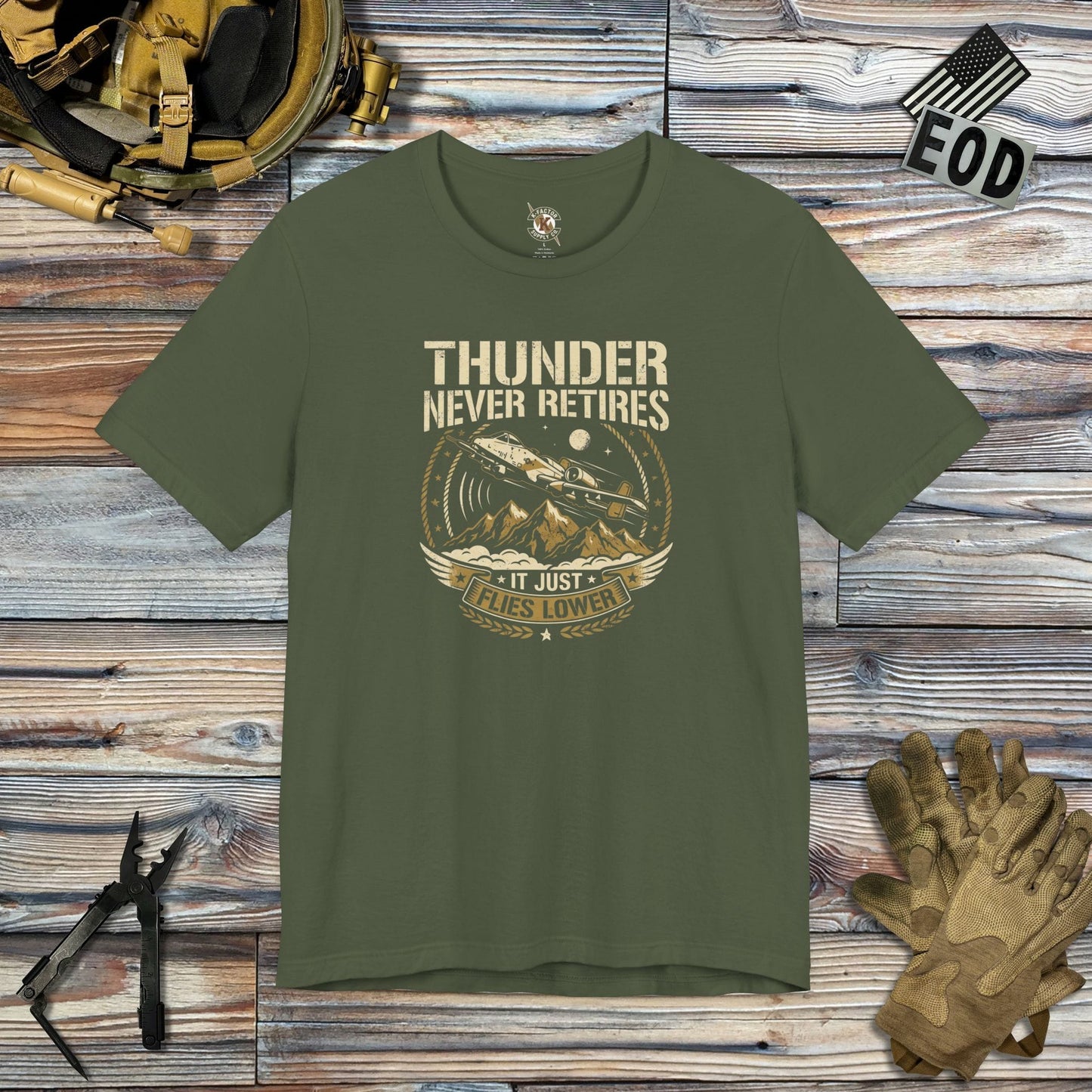 K-Factor Supply Co A-10 Thunder Never Retires T-Shirt Military Green / S