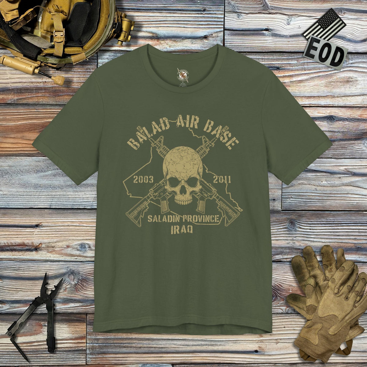 K-Factor Supply Co Balad Air Base - Skull & Carbines T-Shirt Military Green / S