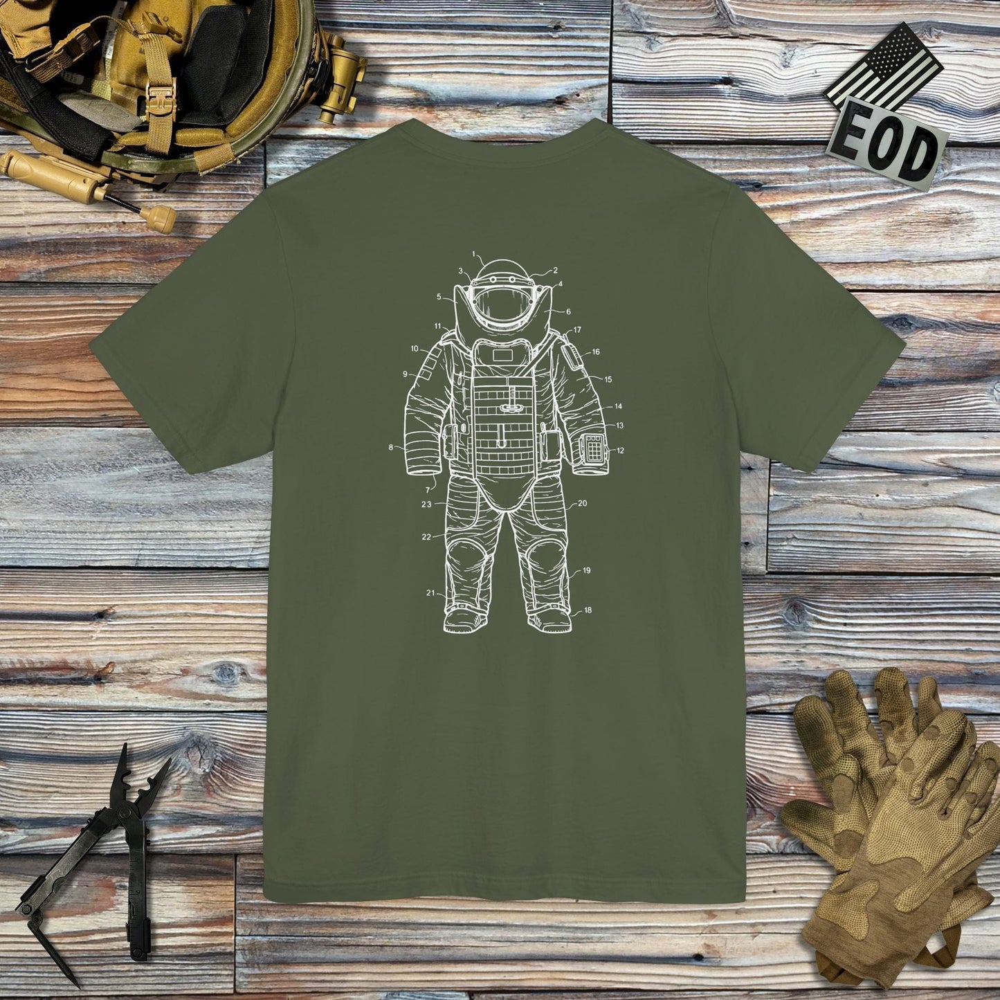 K-Factor Supply Co Bomb Suit Patent Drawing (Back Print) T-Shirt