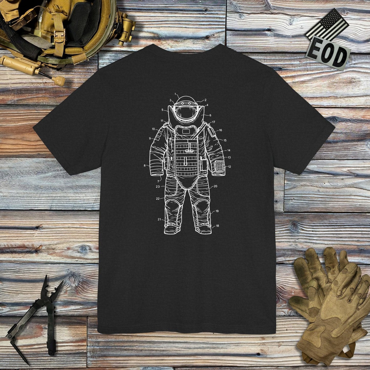 K-Factor Supply Co Bomb Suit Patent Drawing (Back Print) T-Shirt