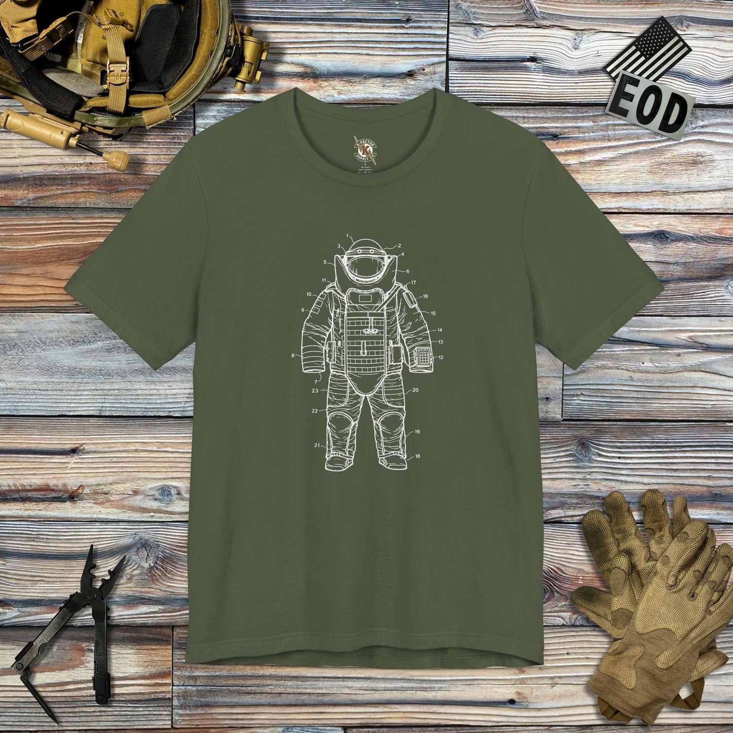K-Factor Supply Co Bomb Suit Patent Drawing T-Shirt Military Green / S