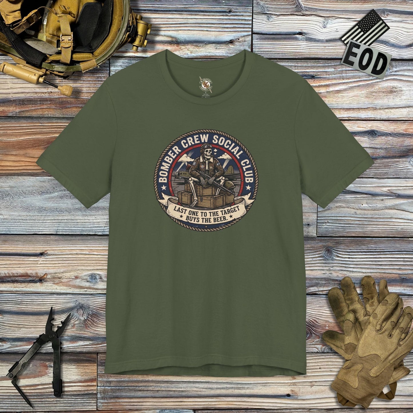 K-Factor Supply Co Bomber Crew Social Club T-Shirt Military Green / S