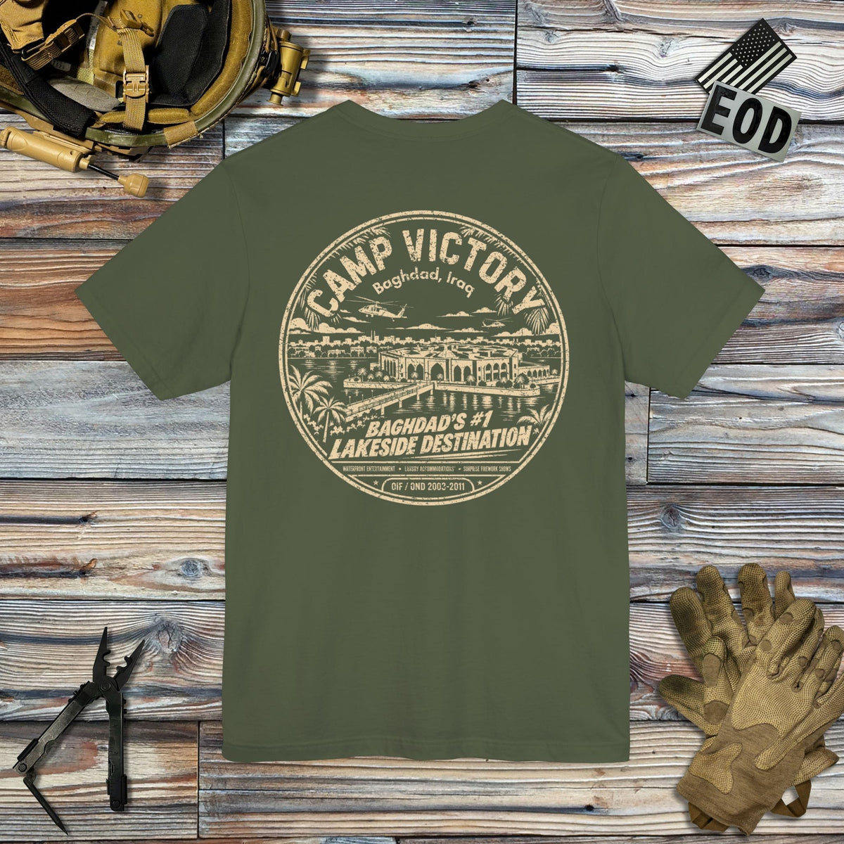 K-Factor Supply Co Camp Victory Lakeside Destination (Back Print) T-Shirt Military Green / S