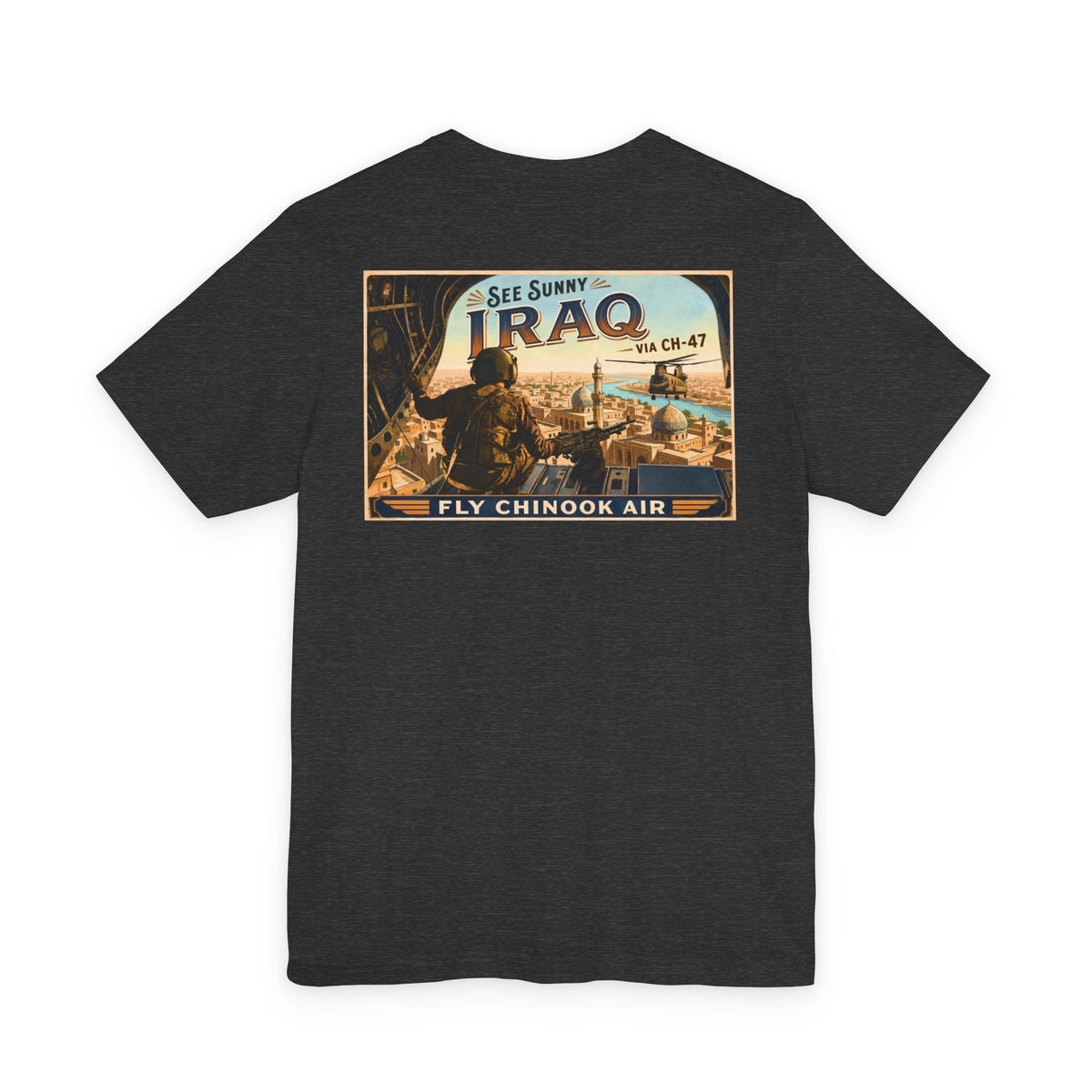K-Factor Supply Co Chinook Air - Iraq (Back Print) T-Shirt Dark Grey Heather / S