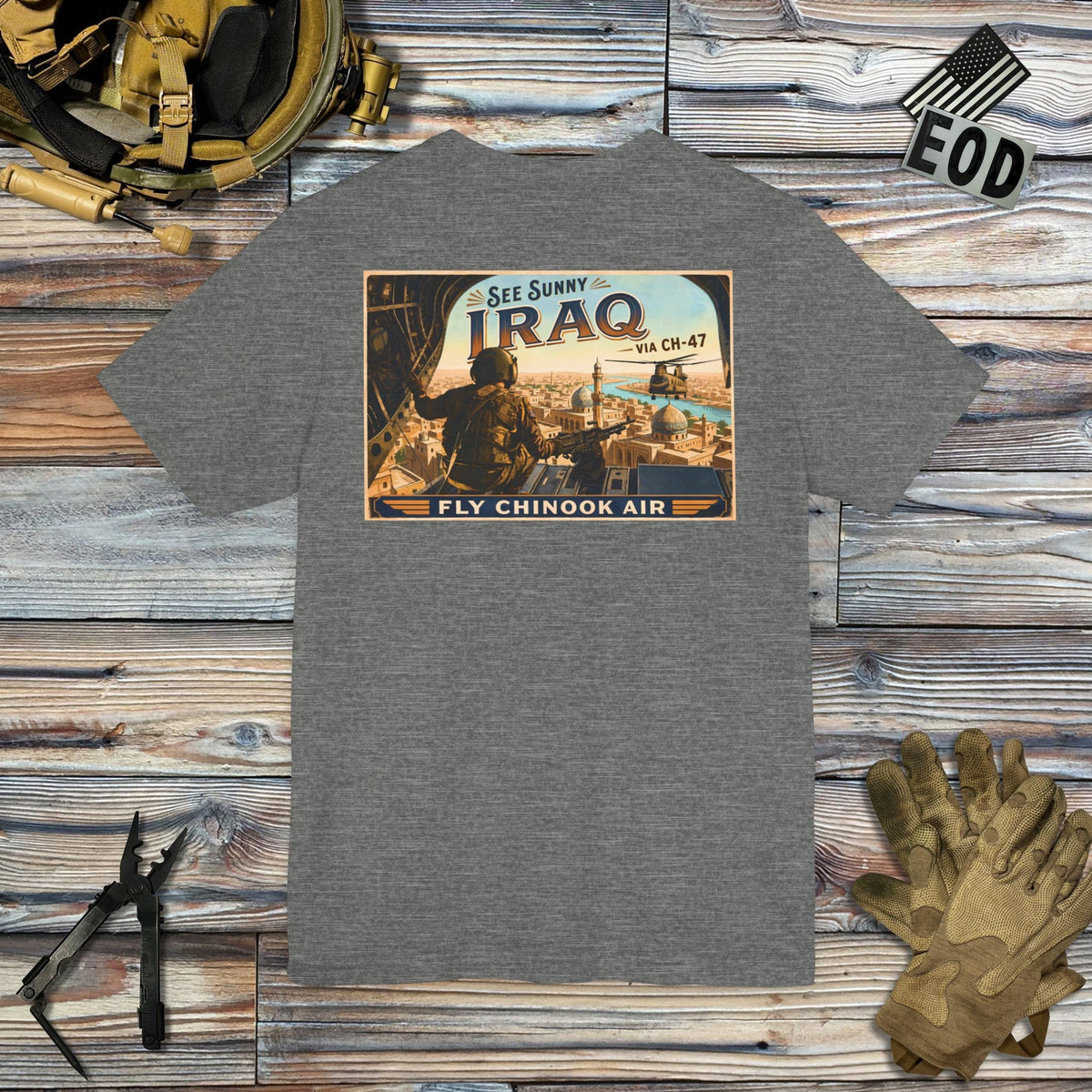 K-Factor Supply Co Chinook Air - Iraq (Back Print) T-Shirt Deep Heather / M
