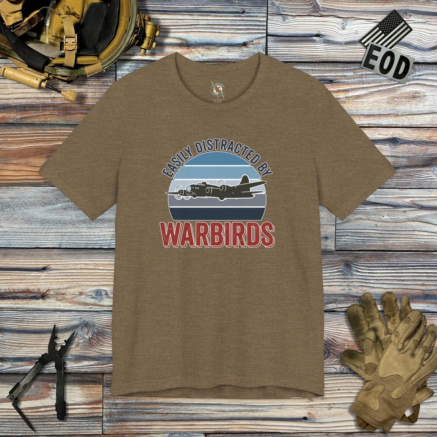 K-Factor Supply Co Easily Distracted by Warbirds T-Shirt Heather Olive / S