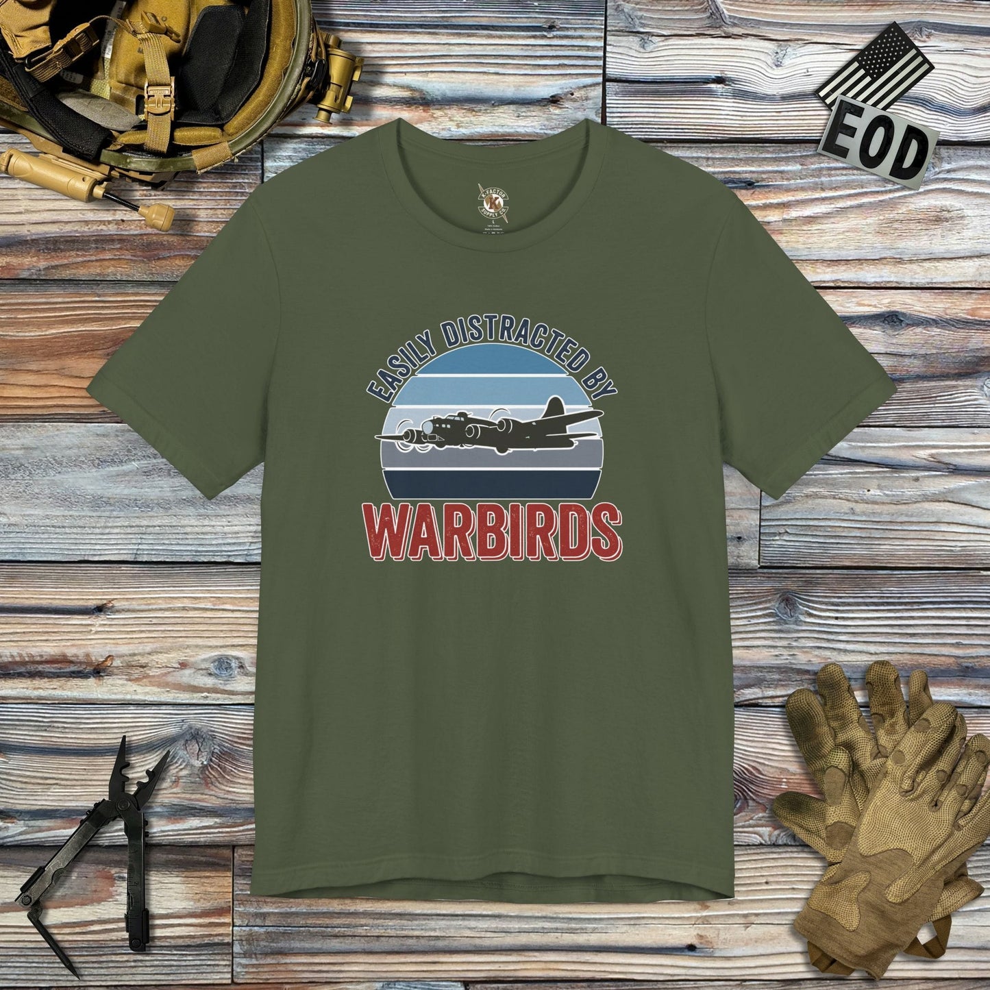 K-Factor Supply Co Easily Distracted by Warbirds T-Shirt Military Green / S