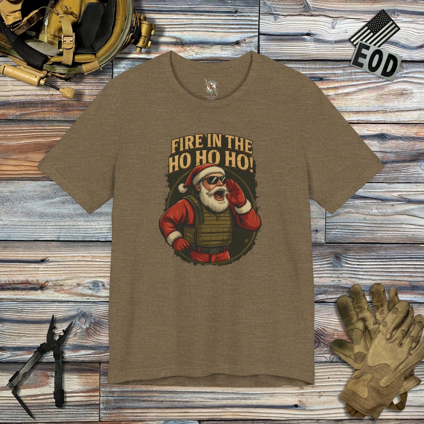 K-Factor Supply Co Fire in the Ho Ho Ho T-Shirt Heather Olive / S