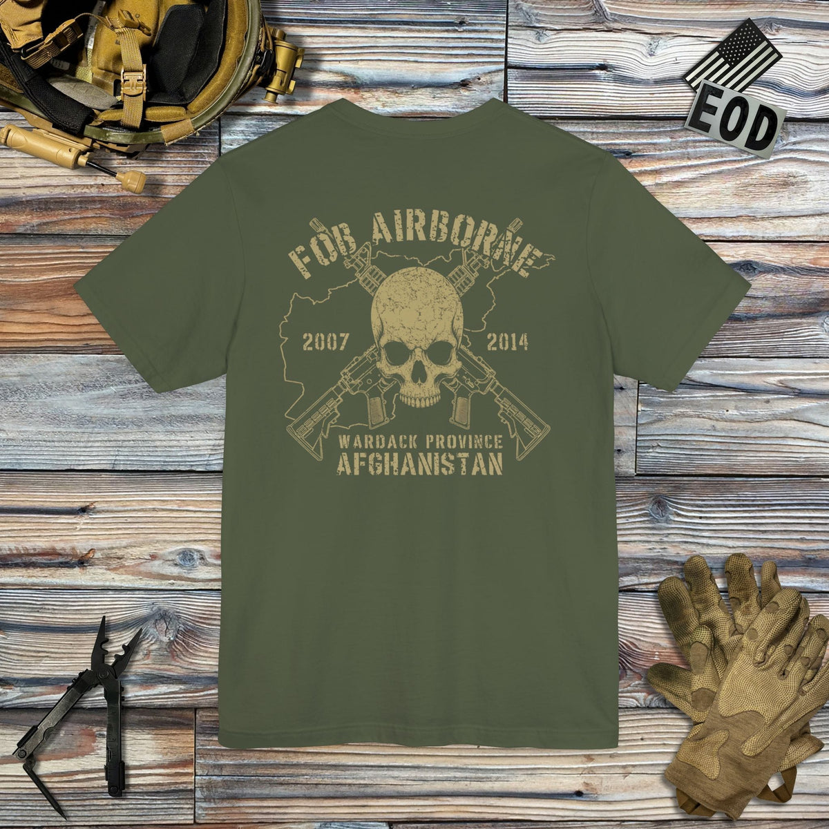 K-Factor Supply Co FOB Airborne Skull & Carbines  (Back Print) T-Shirt Military Green / S