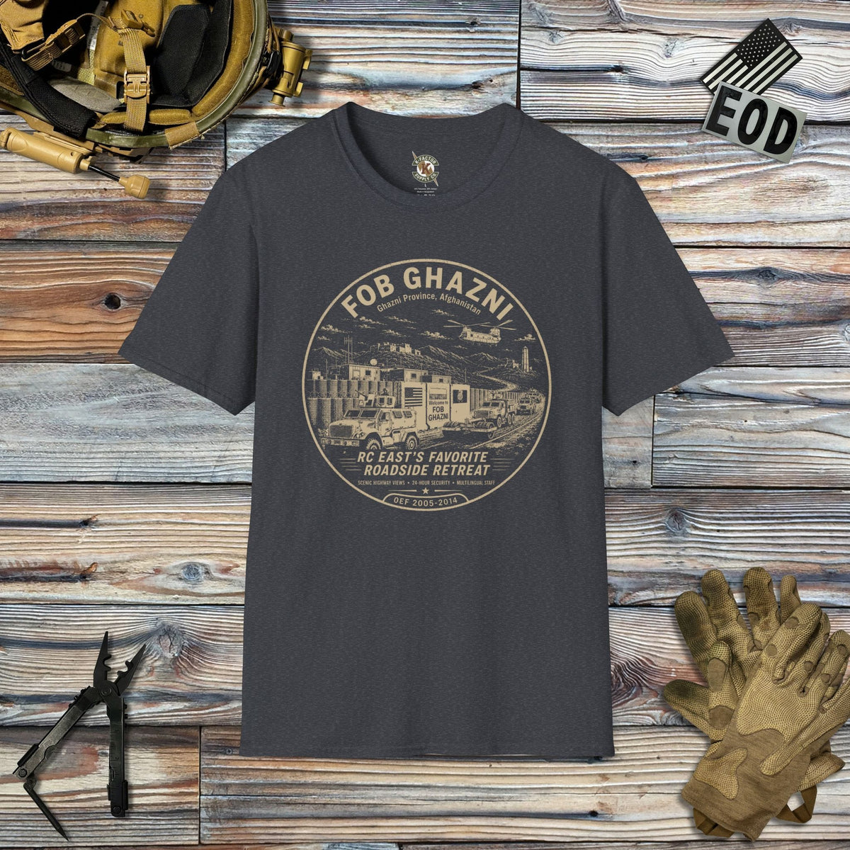 K-Factor Supply Co FOB Ghazni Roadside Retreat (B+T) T-Shirt Dark Heather Grey / 2XL