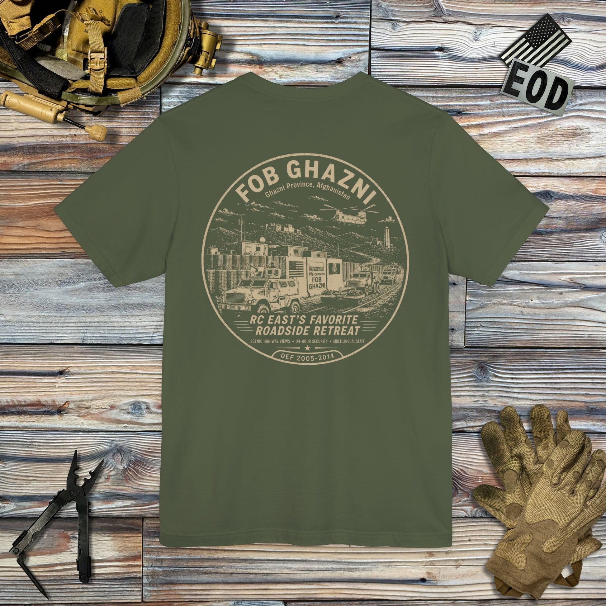 K-Factor Supply Co FOB Ghazni Roadside Retreat (Back Print) T-Shirt Military Green / S