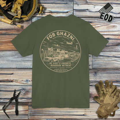 K-Factor Supply Co FOB Ghazni Roadside Retreat (Back Print) T-Shirt Military Green / S