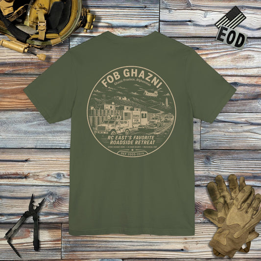 K-Factor Supply Co FOB Ghazni Roadside Retreat (Back Print) T-Shirt Military Green / S