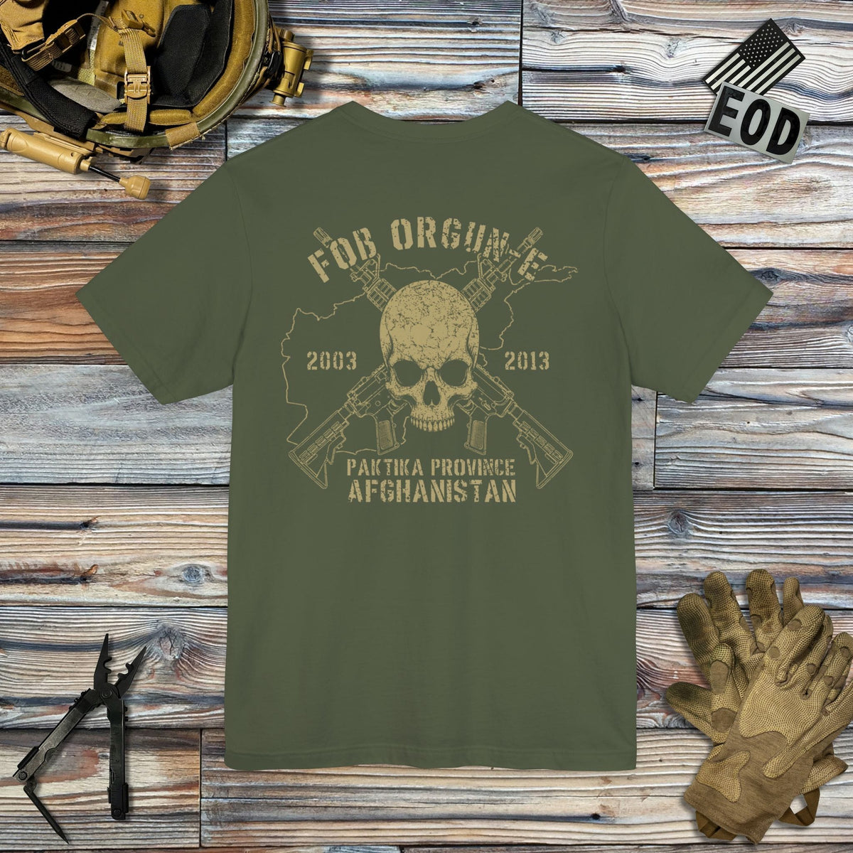 K-Factor Supply Co FOB Orgun-E - Skull & Carbines (Back Print) T-Shirt