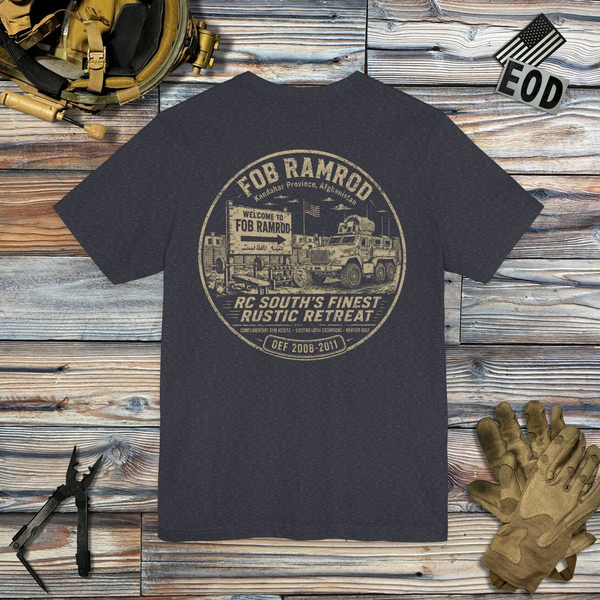 K-Factor Supply Co FOB Ramrod Rustic Retreat [Back Print] T-Shirt Heather Navy / S