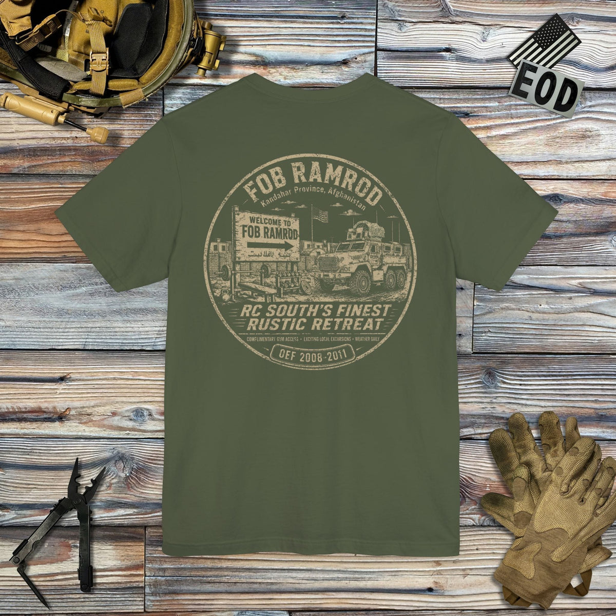 K-Factor Supply Co FOB Ramrod Rustic Retreat [Back Print] T-Shirt Military Green / S