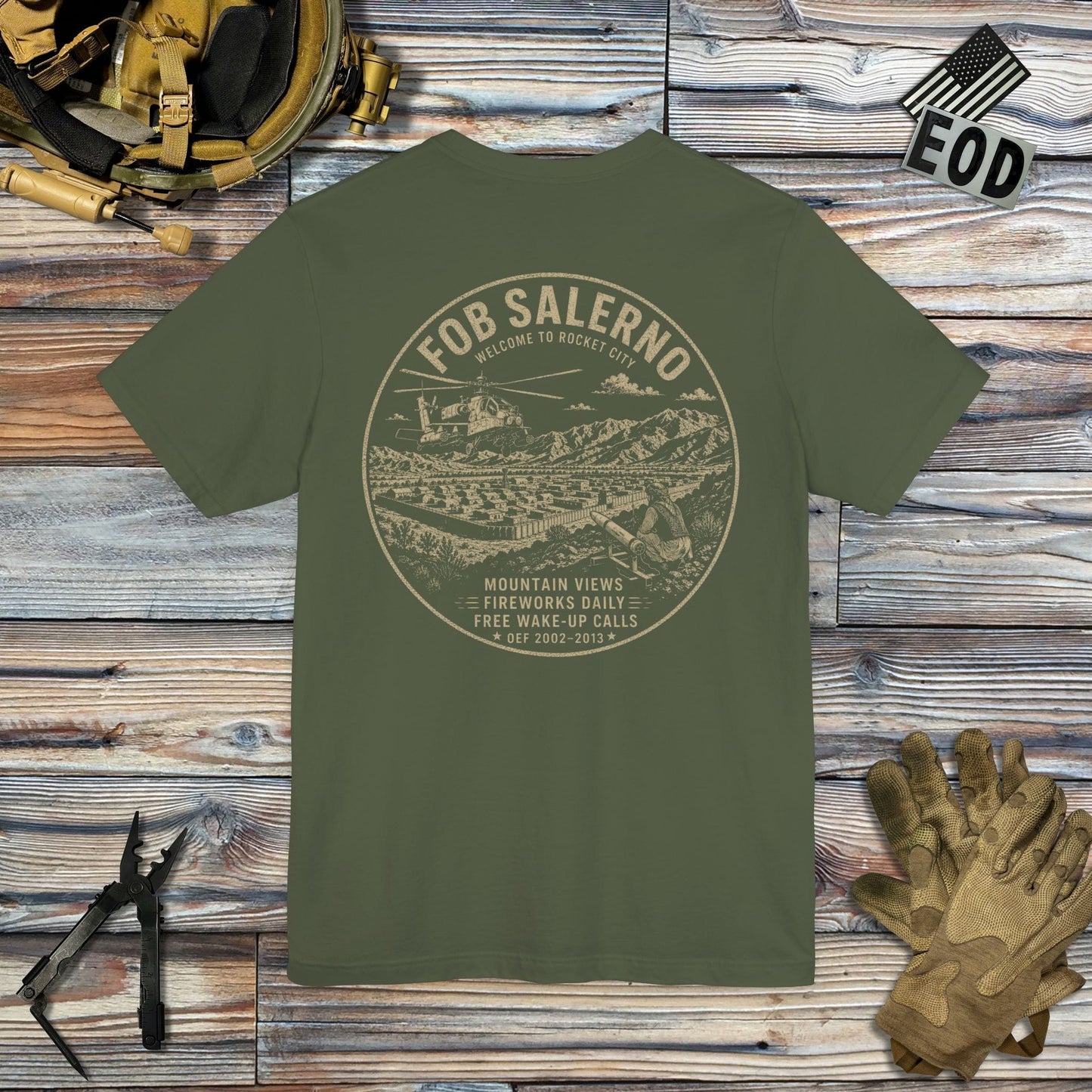 K-Factor Supply Co FOB Salerno Rocket City (Back Print) T-Shirt Military Green / S