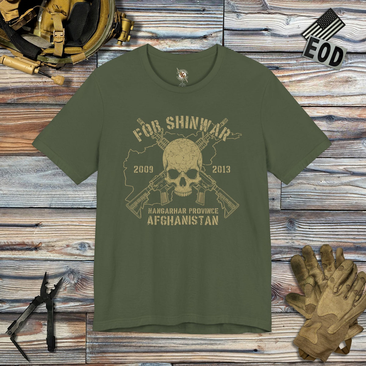 K-Factor Supply Co FOB Shinwar - Skull & Carbines T-Shirt Military Green / S