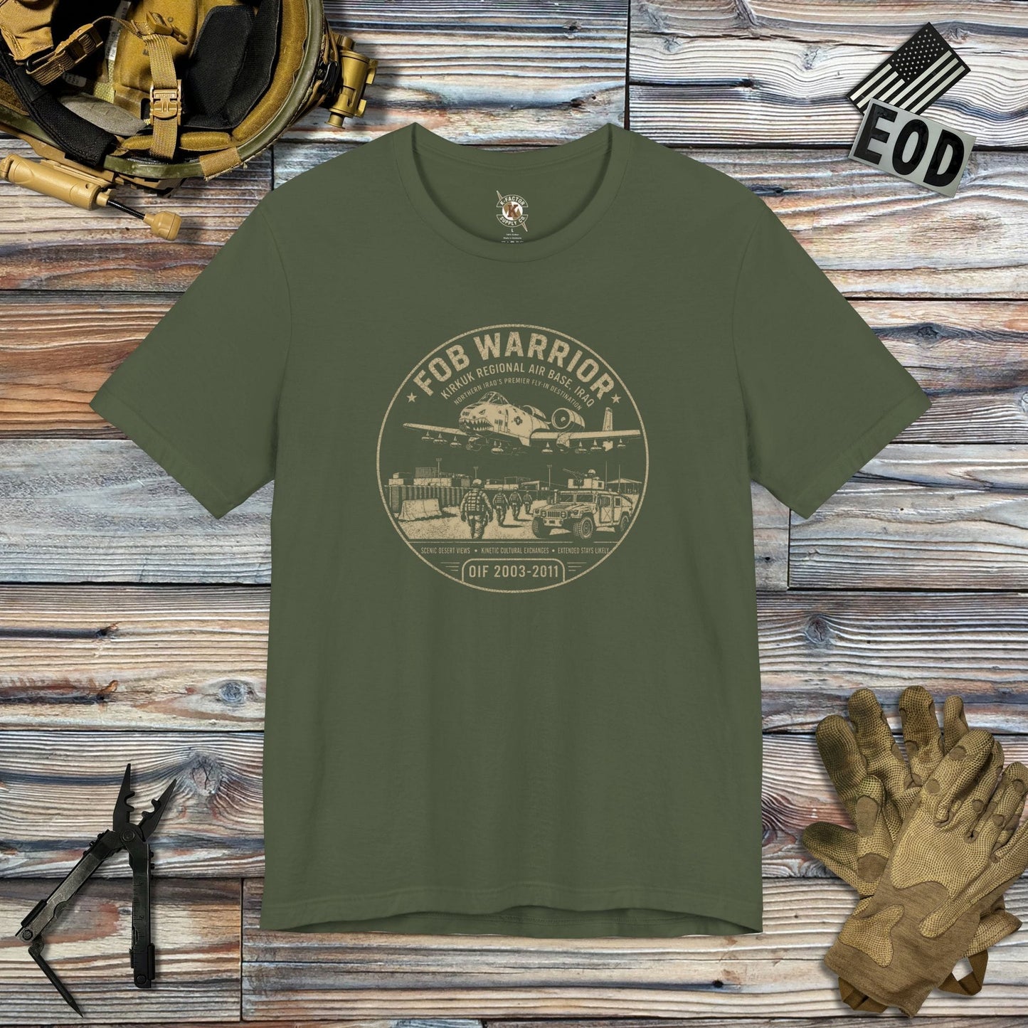 K-Factor Supply Co FOB Warrior (Kirkuk) Fly-In Destination T-Shirt Military Green / S