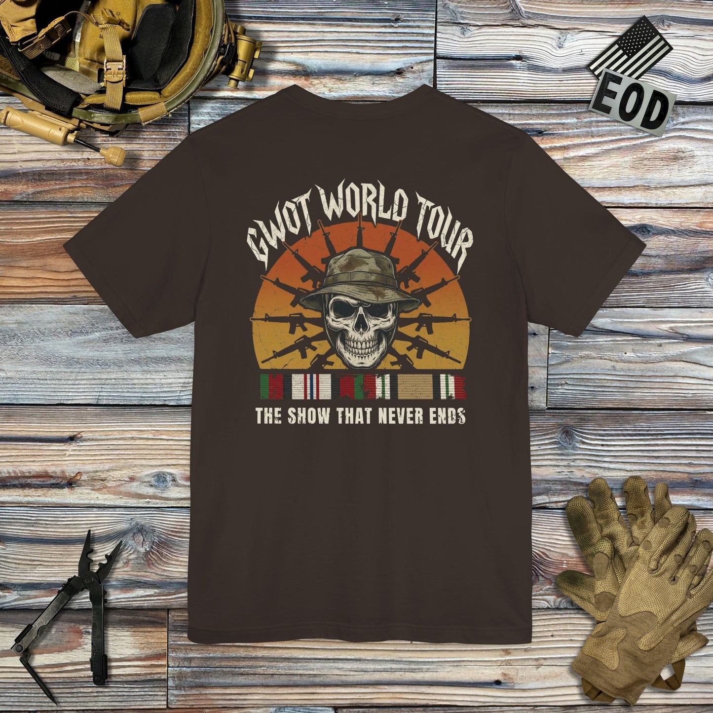 K-Factor Supply Co GWOT World Tour Mk 2 Mod 1 (ACM/ICM) [Back Print] T-Shirt Brown / S