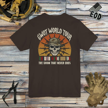 K-Factor Supply Co GWOT World Tour Mk 2 Mod 1 (ACM/ICM) [Back Print] T-Shirt Brown / S