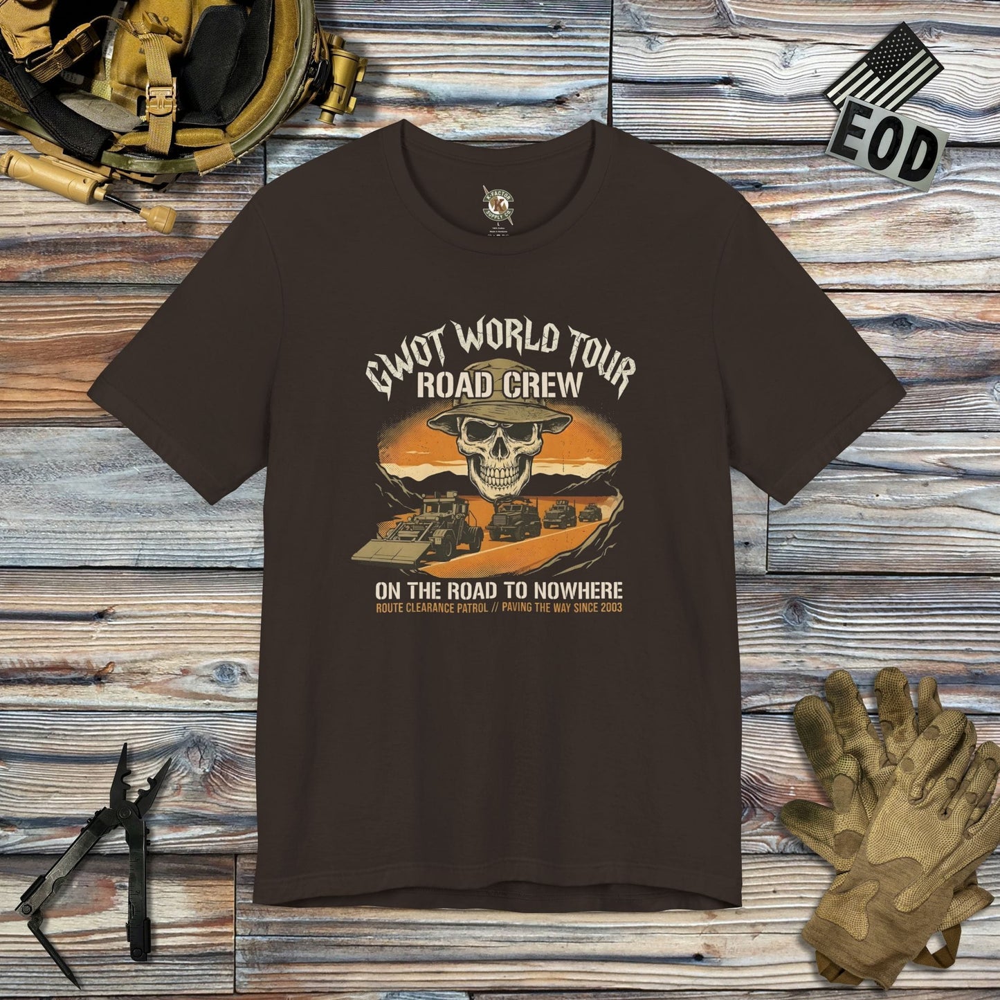 K-Factor Supply Co GWOT World Tour - Road Crew T-Shirt Brown / S