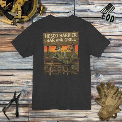 K-Factor Supply Co HESCO Bar and Grill (Back Print) T-Shirt Dark Grey Heather / S