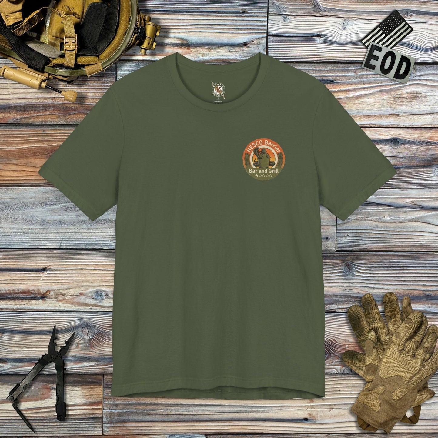K-Factor Supply Co HESCO Bar and Grill (Back Print) T-Shirt Military Green / S