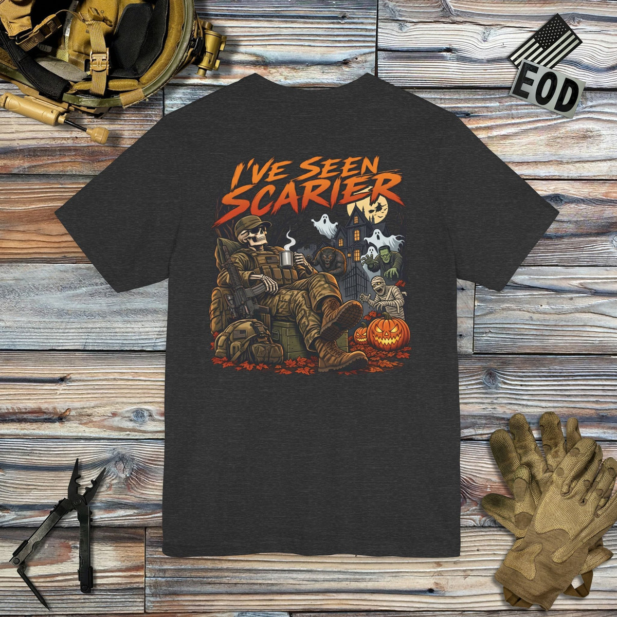 K-Factor Supply Co I've Seen Scarier - GWOT Alumni (Back Print) T-Shirt Dark Grey Heather / S