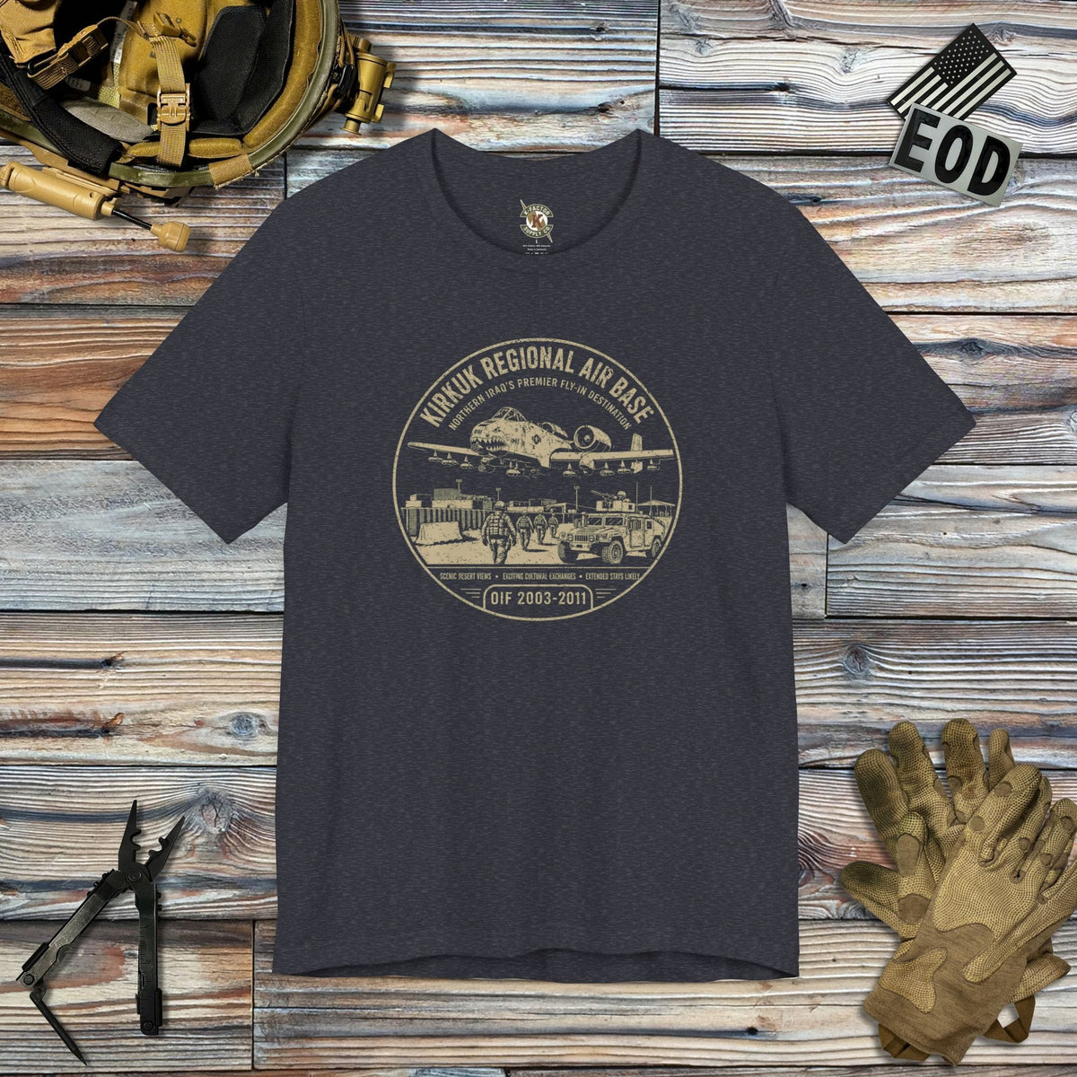 K-Factor Supply Co Kirkuk (KRAB) Fly-In Destination T-Shirt Heather Navy / S