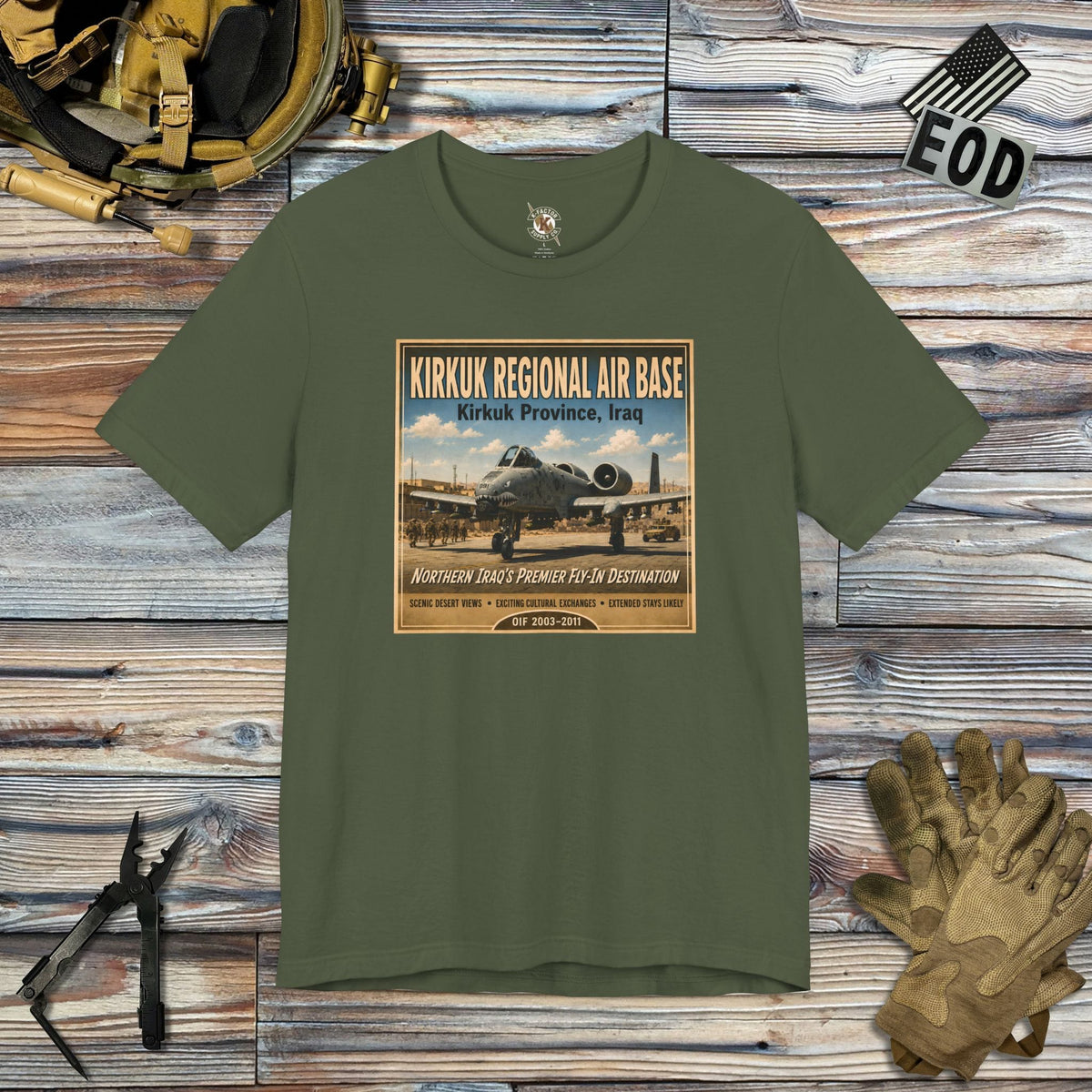K-Factor Supply Co Kirkuk (KRAB) Travel T-Shirt Military Green / S