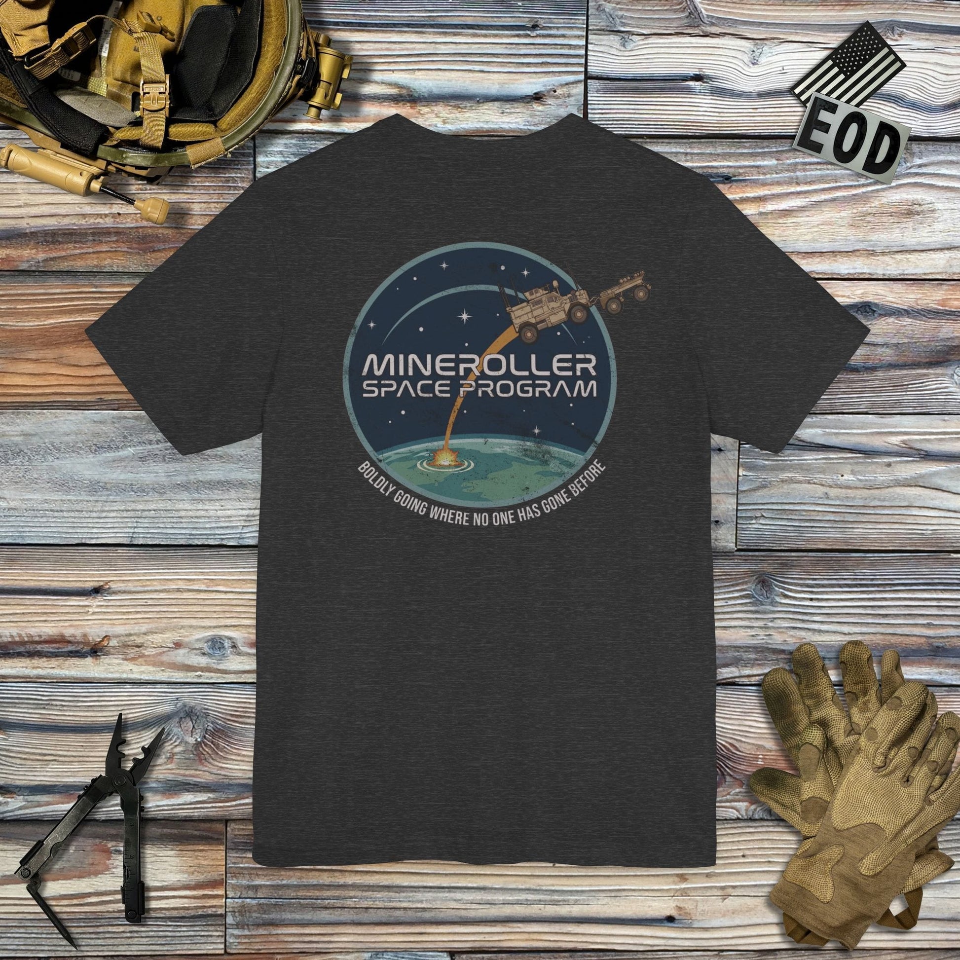 K-Factor Supply Co Mineroller Space Program (Back Print) T-Shirt Dark Grey Heather / S