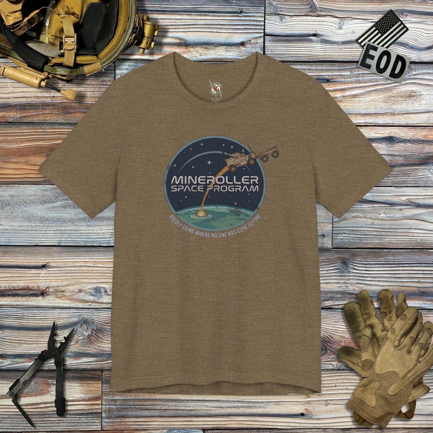 K-Factor Supply Co Mineroller Space Program (Distressed) T-Shirt Heather Olive / S