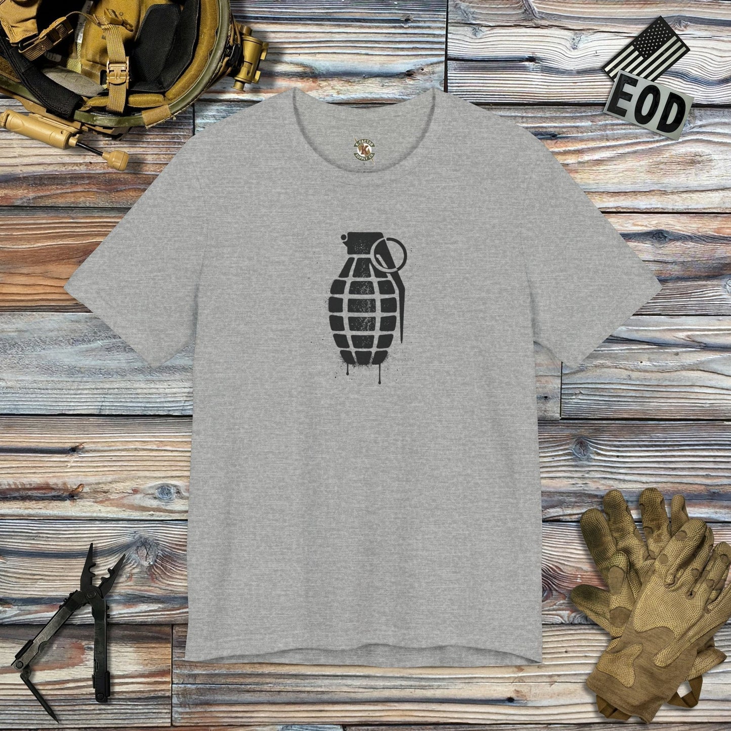 K-Factor Supply Co Mk 2 Grenade Stencil T-Shirt Athletic Heather / S